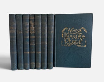 Antique Late 1800's Works of Charles Reade Book Collection, Dark Navy Blue and Gold Decorative Books, Rustic Hone Decor, Shabby Old Book Set