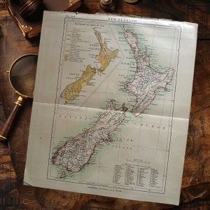 Antigo 1891 REAL Nova Zelândia Mapa Livro Placa Arte Ilustração, Antigo Mapa Nova Zelândia, Antigo Mapa Arte de Parede, Presente para Kiwi ou Neozelandês