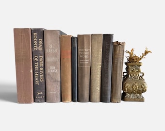 May include: A collection of nine hardcover books in neutral earth tones arranged vertically, featuring titles such as Dark Rivers of the Heart, Red Rabbit, and The Way Things Work, positioned next to a small, ornate, metallic gold-toned vase.