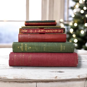 Antique Rustic Red Green and Gold Christmas Books, Vintage Christmas Book Decoration, Shabby Christmas Shelf Decor, Old Christmas Book Decor
