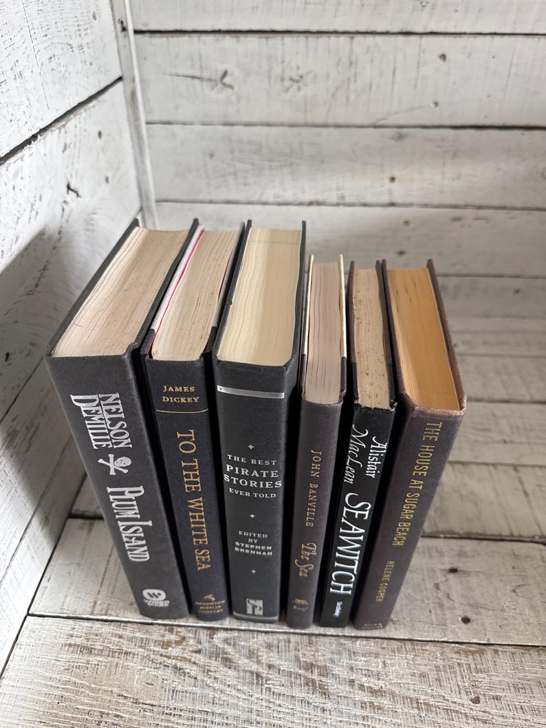 Pu&ograve; includere: Una collezione di libri con copertina rigida e dorsi grigio scuro. I titoli includono "Plum Island" e "To the White Sea". I libri sono disposti su una superficie di legno, con i titoli e gli autori visibili.