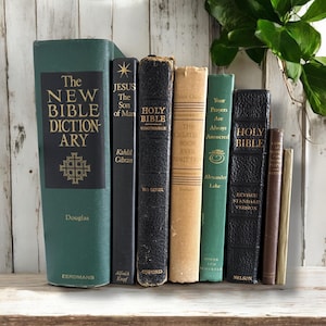 Vintage Religious Books, Antique Biblical Bookstack, Set of 8 Shabby Old Church Books, Rustic Religion Books, Spiritual Books