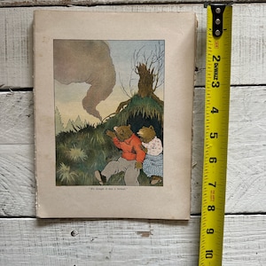 May include: An illustration from a children's book showing two bears looking up at a swirling cloud of smoke. The caption reads "We thought it was a tornado."