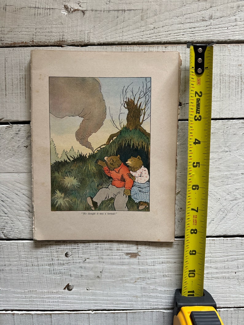 May include: An illustration from a children's book showing two bears looking up at a swirling cloud of smoke. The caption reads "We thought it was a tornado."