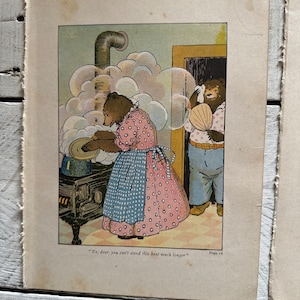 May include: An illustration of two bears in a kitchen. The bear on the left is wearing a pink and blue dress and is stirring a pot on a stove. The bear on the right is wearing a blue and white shirt and is holding a fan. The text "No, dear, you can't stand this heat much longer" is printed below the image.