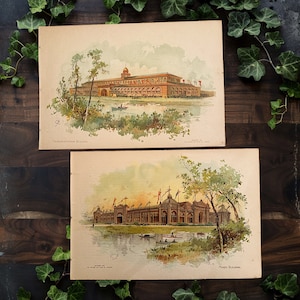 Antieke 1893 architectuurlithografieën set, wereldtentoonstelling Colombiaanse expositie architectuurkunstplaten, originele kleurenlithografieën van gebouwen