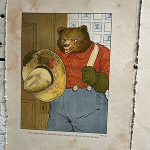May include: A brown bear wearing a red shirt, blue pants, and a straw hat with a hole in the brim. The bear is looking through the hole in the hat. The text "There was a hole in the brim large enough for him to look up through. Page 24" is printed below the image.