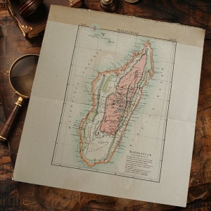 Antique 1891 Real Madagascar Map Book Plate Art, Antique Original East Africa Map, Madagascar Map Wall Art, African Home Decor Wall Hanging