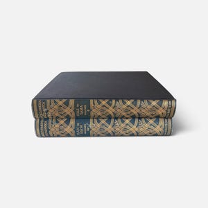 May include: Two stacked Encyclopedia Britannica volumes with dark blue spines featuring gold lattice patterns and text. The top spine reads Cole to Dama Volume 6, and the bottom spine reads Plan to Raym Volume 18. The books have solid black covers.