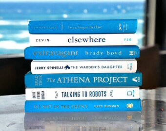 Modern Blue and White Books Stack, Collection of 7 REAL Interior Decorator Books Blue and White Spines, Home Staging Blue Books Decor