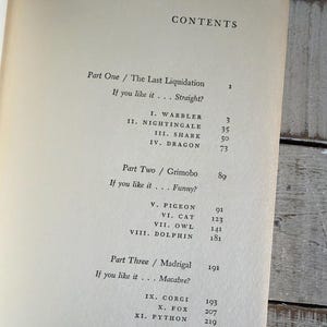 May include: An open book showing a contents page. The page lists chapter titles such as "WARBLER," "NIGHTINGALE," and "DRAGON." The text is in black font on an off-white background. The book is open on a wooden surface.