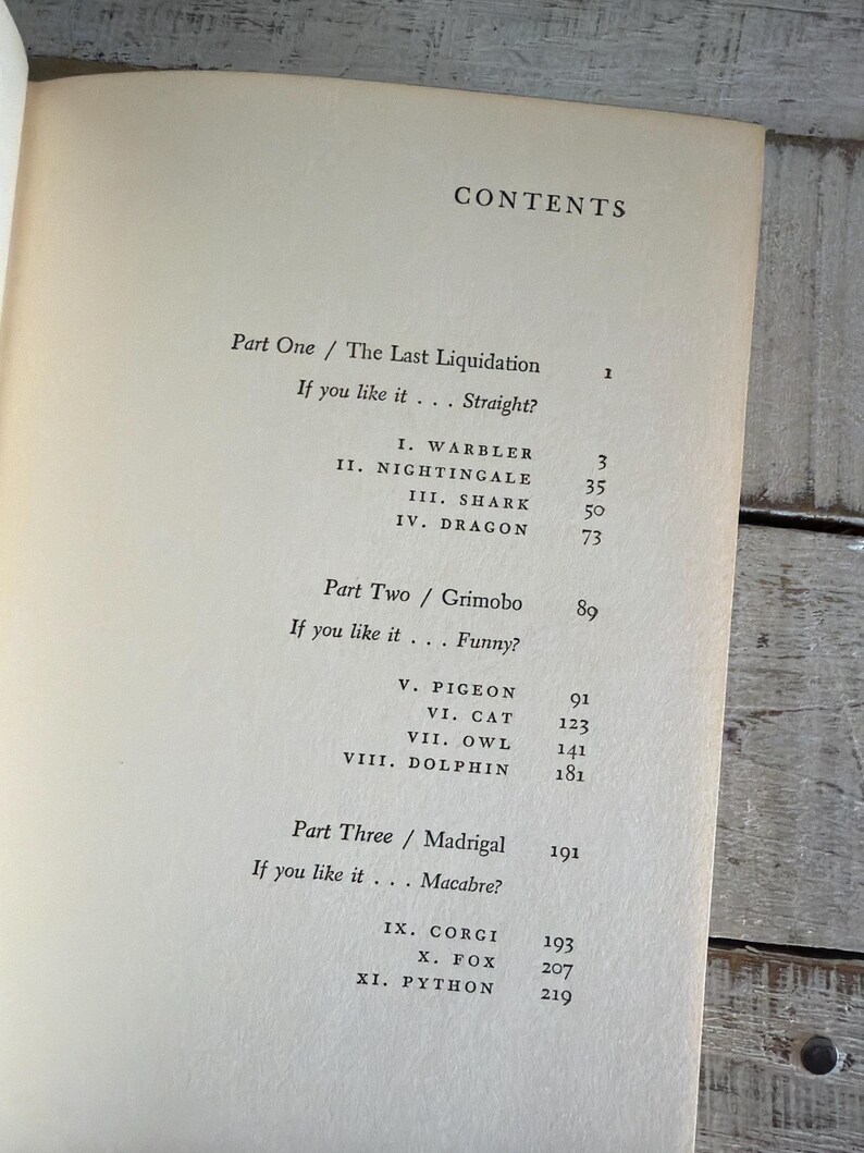 May include: An open book showing a contents page. The page lists chapter titles such as "WARBLER," "NIGHTINGALE," and "DRAGON." The text is in black font on an off-white background. The book is open on a wooden surface.