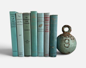 Vintage Shabby Blue Book Set of 7: Coastal Home Decor, Aqua Decor, Turquoise Shelf Decorations