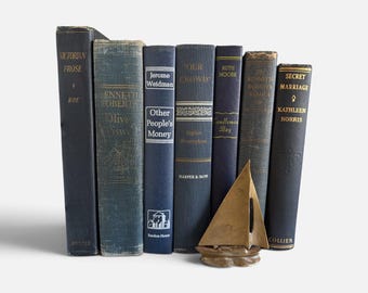 Vintage Navy Blue Books Set of 7, Curated Decorative Hardcovers, Shabby Shelf Decor