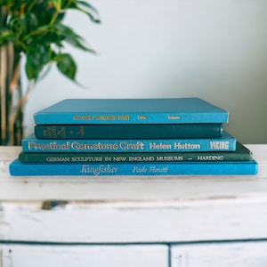 May include: A stack of five books with blue and green covers. The top book is titled "The Rosky Margano Story". The second book is titled "Practical Gemstone Craft" by Helen Hutton. The third book is titled "German Sculpture in New England Museums" by Harding. The bottom book is titled "Kingfisher" by Paolo Fioratti.