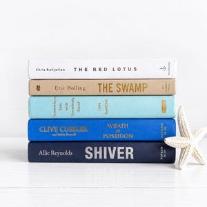 May include: A stack of five hardcover books with spines in white, tan, light blue, bright blue, and navy blue. The titles include The Red Lotus, The Swamp, Somewhere Safe with Somebody Good, Wrath of Poseidon, and Shiver. A white starfish sits beside them.