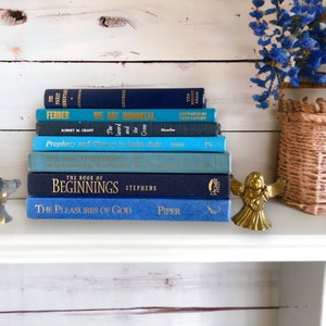 Vintage Blue Religious Books, Set of 7 Books on Religion, Blue Bookshelf Styling, Shades of Blues Spiritual Stack, Biblical Home Decor