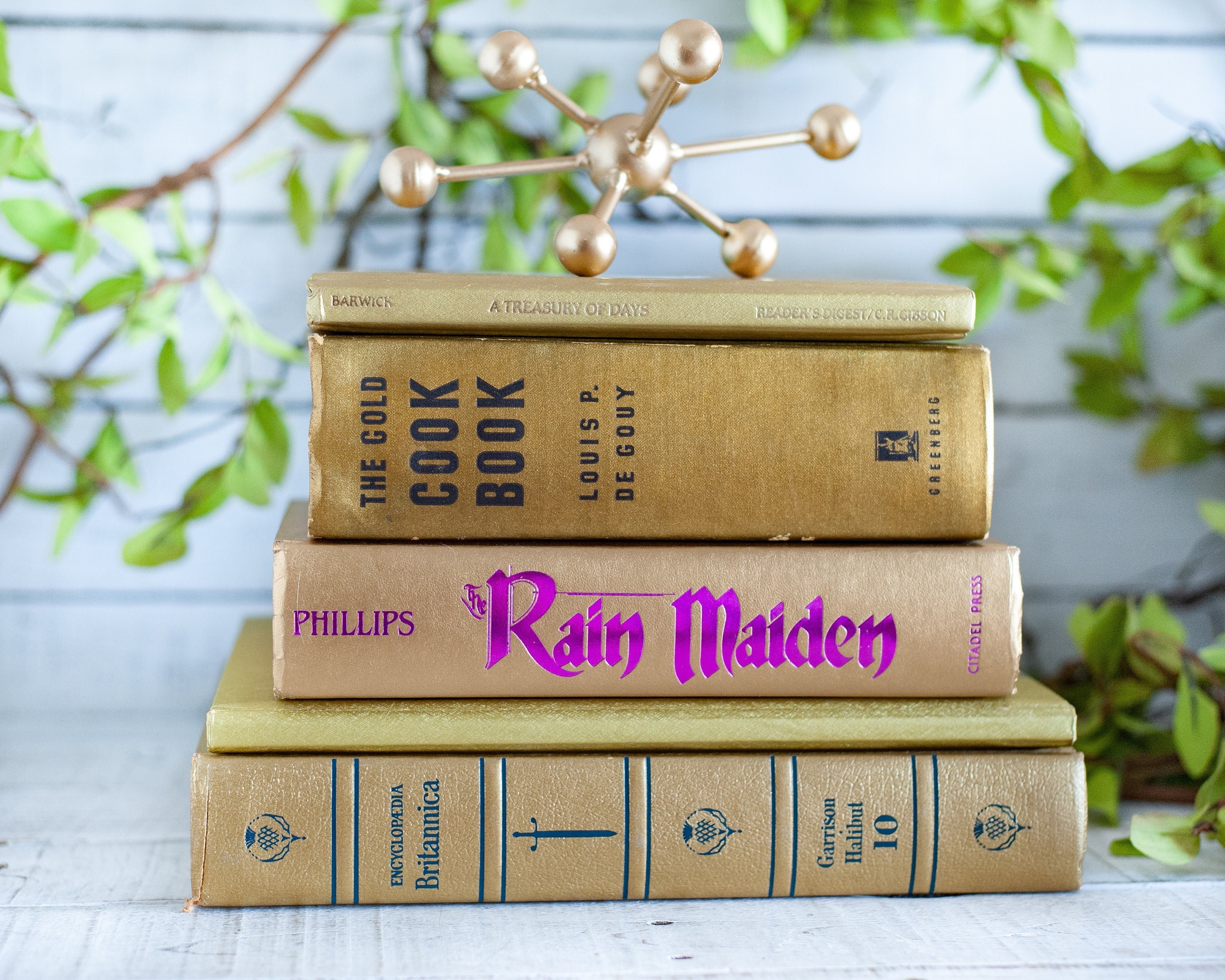 Vintage Gold Decorator Books Shiny Book Stack, Set Of 5