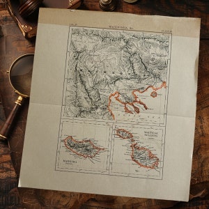 May include: A vintage map of Macedonia, Greece, and the Maltese Islands. The map is printed on paper and has a brown, cream, and red color scheme. The map shows the geographical features of the region, including mountains, rivers, and coastlines. The map is titled "Macedonia, &c."