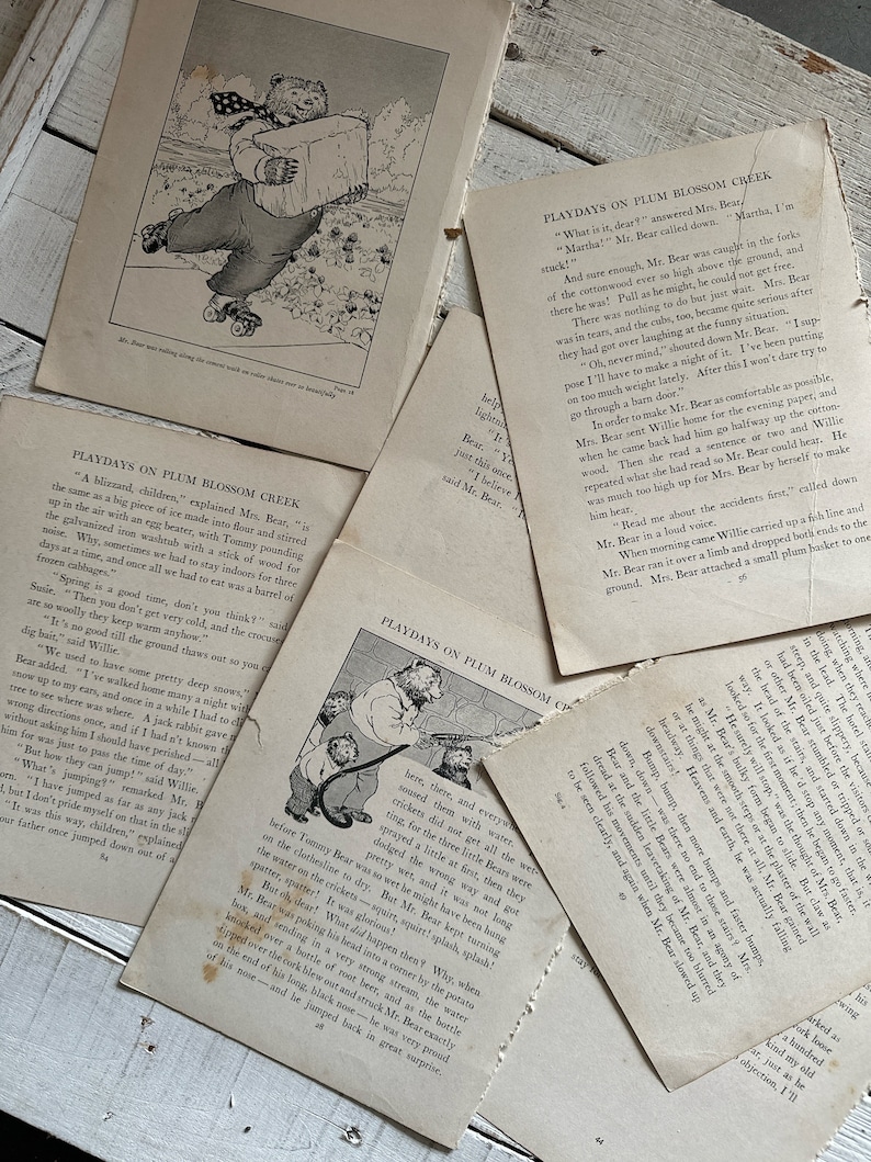 May include: Black and white illustrations of a bear family playing in a creek. The illustrations are from a children's book titled "Playdays on Plum Blossom Creek".