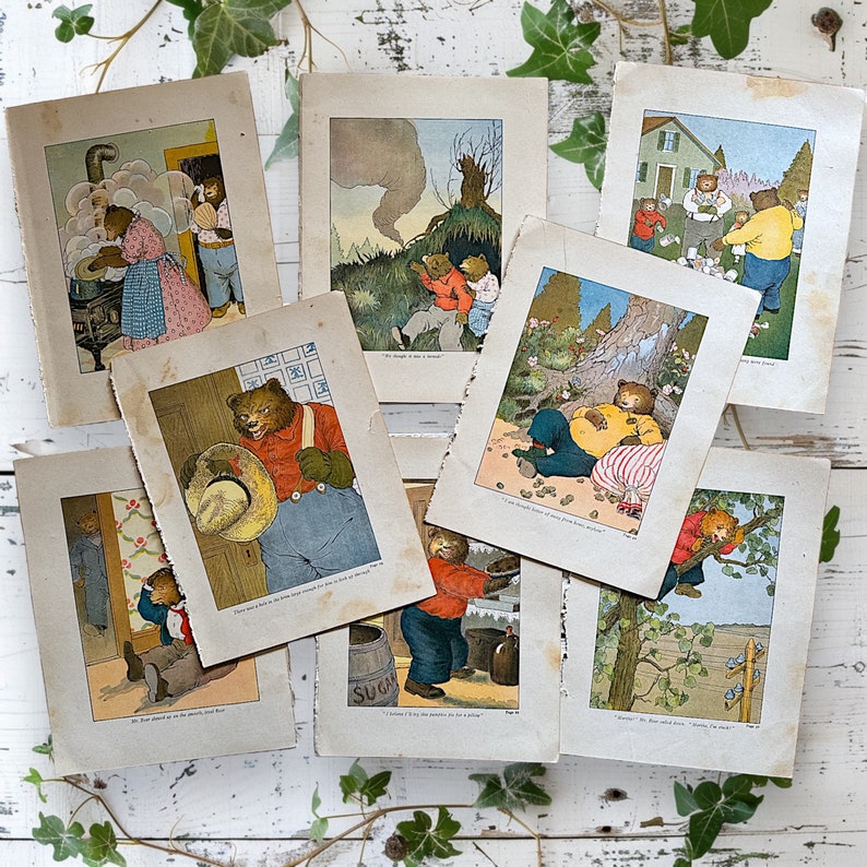 May include: A collection of eight vintage children's books featuring illustrations of bears in various settings. The books have colorful covers with illustrations of bears in different activities, such as playing, eating, and sleeping. The books are in good condition and would be a great addition to any children's library.