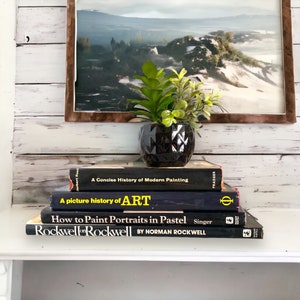 K&ouml;nnte beinhalten: Ein Stapel von vier schwarzen Hardcover-B&uuml;chern mit gelben Texttiteln. Das oberste Buch tr&auml;gt den Titel "Rockwell on Rockwell" von Norman Rockwell. Das zweite Buch tr&auml;gt den Titel "How to Paint Portraits in Pastel". Das dritte Buch tr&auml;gt den Titel "A picture history of ART". Das unterste Buch tr&auml;gt den Titel "A Concise History of Modern Painting". Eine kleine Topfpflanze mit gr&uuml;nen Bl&auml;ttern steht auf den B&uuml;chern.
