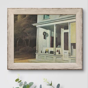 May include: A painting of a white building with a porch and a clock on the wall. The building is surrounded by trees and there are several windows on the front of the building.