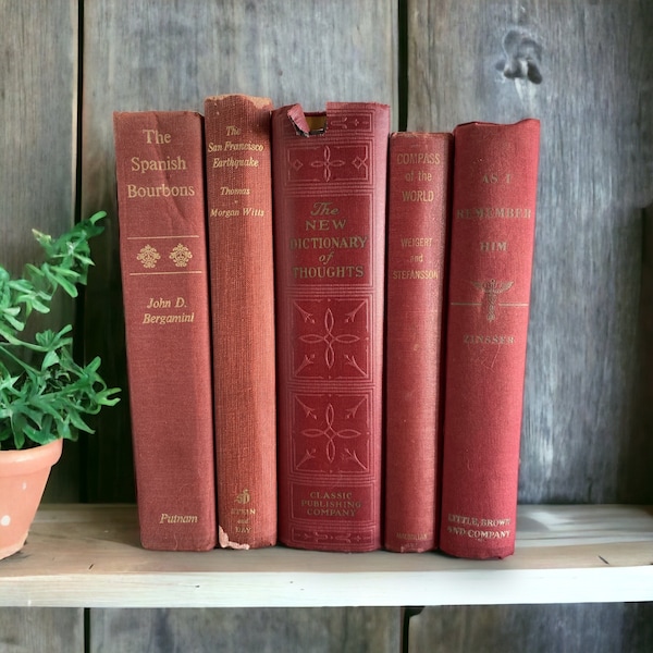 Vintage Brick Red Books, Shabby Red Books, Old Antique Red Decorator Book Stack, Farmhouse Country Chic Bookshelf Styling Decor