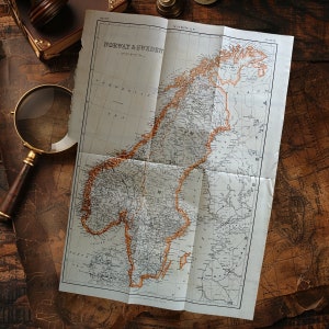 Arte de placa de livro de mapa antigo da Noruega e da Suécia de 1891, mapa antigo da Noruega, arte de parede de mapa grande da Suécia, decoração de casa da Noruega, arte de mapa antigo da Suécia