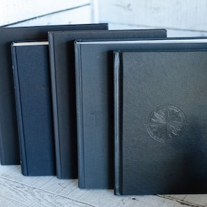 May include: A collection of five dark-colored books, varying in size and thickness, are arranged in a row. The books have textured covers, with one featuring a compass rose design. The spines are visible, and some have subtle embossed details.