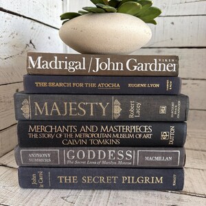 May include: A collection of six hardback books in shades of grey and navy blue, with gold lettering. Titles include "Madrigal/John Gardner" and "The Secret Pilgrim." A decorative, oval-shaped, beige stone pot with green plant sits atop the books.