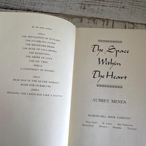 May include: A book titled "The Space Within The Heart" by Aubrey Menen. The book cover is white with black text. The book is published by McGraw-Hill Book Company.