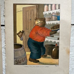 May include: An illustration of a brown bear holding a pumpkin pie in a kitchen. The bear is wearing a red shirt and blue pants. The bear is looking at the pie with a smile. The text "I believe I'll try this pumpkin pie for a pillow" is written below the image.