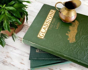Antique Green & Gold Book Stack: Vintage Home Decor, Prop Books