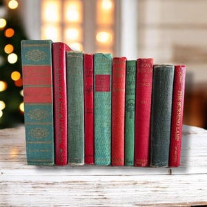 Antique Rustic Red and Green Christmas Books, Vintage Christmas Book Decorations, Shabby Christmas Shelf Decor, Old Christmas Book Decor