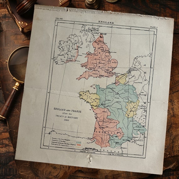 フランスアンティーク　MAP Antique England & France Map: 1891 Book Plate Art - Etsy