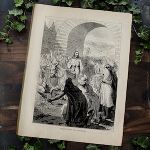 Antique 1877 Bible Engraving Art of Jesus Christ’s Entry Into Jerusalem, Original Biblical Engraving, Antique Religious Jesus Wall Art Decor