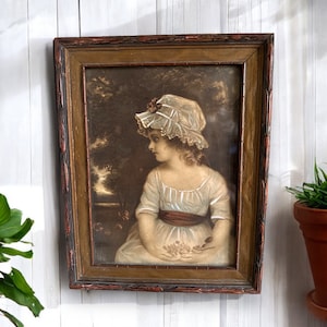 Antique Portrait of a Little Girl in a Wood Frame, Antique Miss Simplicity Art by Sir Joshua Reynolds, Antique Wooden Framed Child Portrait