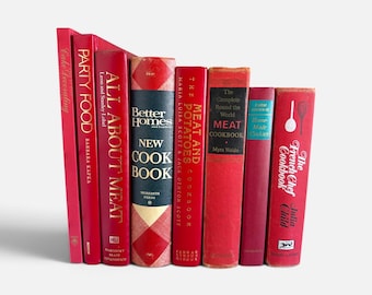 Red Cookbook Set of 8: Kitchen Shelf Decor, Vintage Cilinary Collection