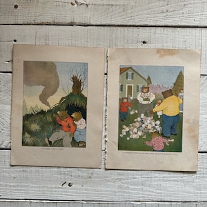 May include: Two illustrations from a children's book featuring bears. The first image shows two bears looking at a fire in the woods. The second image shows a group of bears looking for old tomato cans. The text reads "So everybody looked for old tomato cans, and a good many were found."
