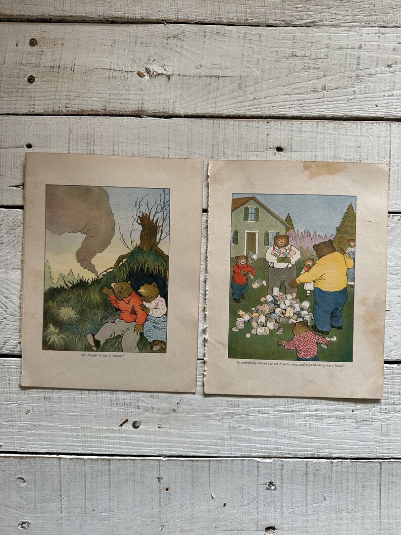 May include: Two illustrations from a children's book featuring bears. The first image shows two bears looking at a fire in the woods. The second image shows a group of bears looking for old tomato cans. The text reads "So everybody looked for old tomato cans, and a good many were found."