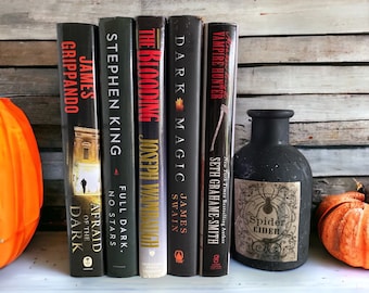 Halloween Books Decorations, Set of 5 Spooky Scary Titled Books in Black and Silver, Creepy Table Holiday Home Decor, Haunted House Props