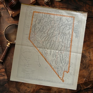 Antieke kaart van Nevada uit 1891, boek plaat kunst illustratie, antieke kaart van Nevada, kaart van de Verenigde Staten aan de muur, vintage hangende muur van Nevada kaart