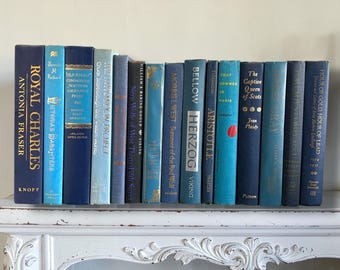 May include: A collection of hardcover books in various shades of blue, arranged on a white decorative shelf. The spines display titles and author names in gold lettering. The books vary in size and include titles like "Royal Charles" and "The Captive Queen of Scots".