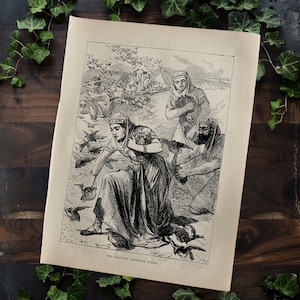 Antique 1877 Bible Engraving of Israelites Gathering Quails, Original Biblical Engraving, Antique Religious Art, Book of Numbers Bible Story