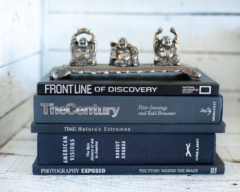 May include: A stack of books with silver lettering and a decorative silver tray holding three small Buddha statues. The books include titles like "FRONT LINE OF DISCOVERY" and "The Century". The books are various shades of blue and black.