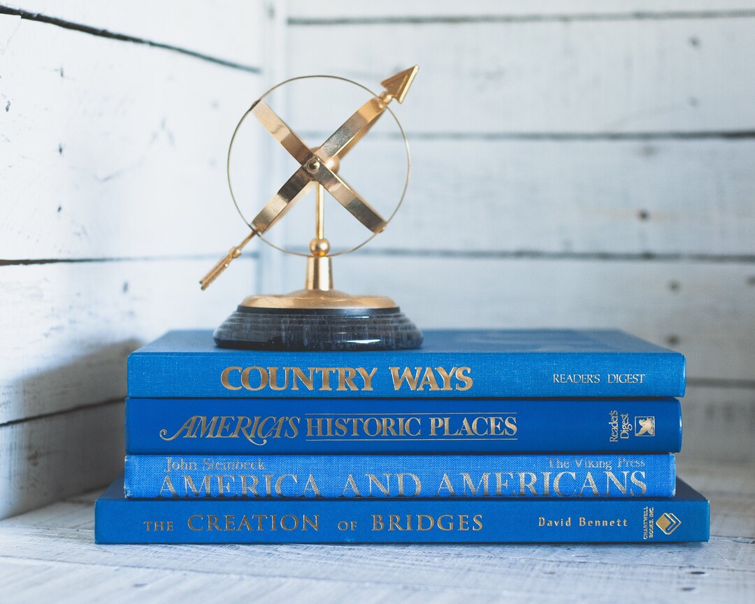 BLUE Coffee Table Books Stack Large Books in Pretty Blues and Gold Set