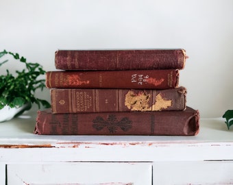 Antique Burgurgundy Books, Distressed Vintage Burgundy Books, Shabby Old Rustic Dark Red Books Decor, Rustic Shelf Decor, Tattered Red Books