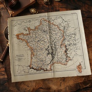 Antique 1891 Original France Book Plate Art, Antique French Map, France in Departments Map Wall Art, Authentic France Wall Art, French Map
