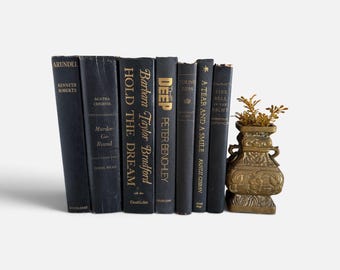 Vintage Black Books with Gold Spine Lettering Set of 7, Curated Books by Color, Shabby Hardcover Books, Bookshelf Decor